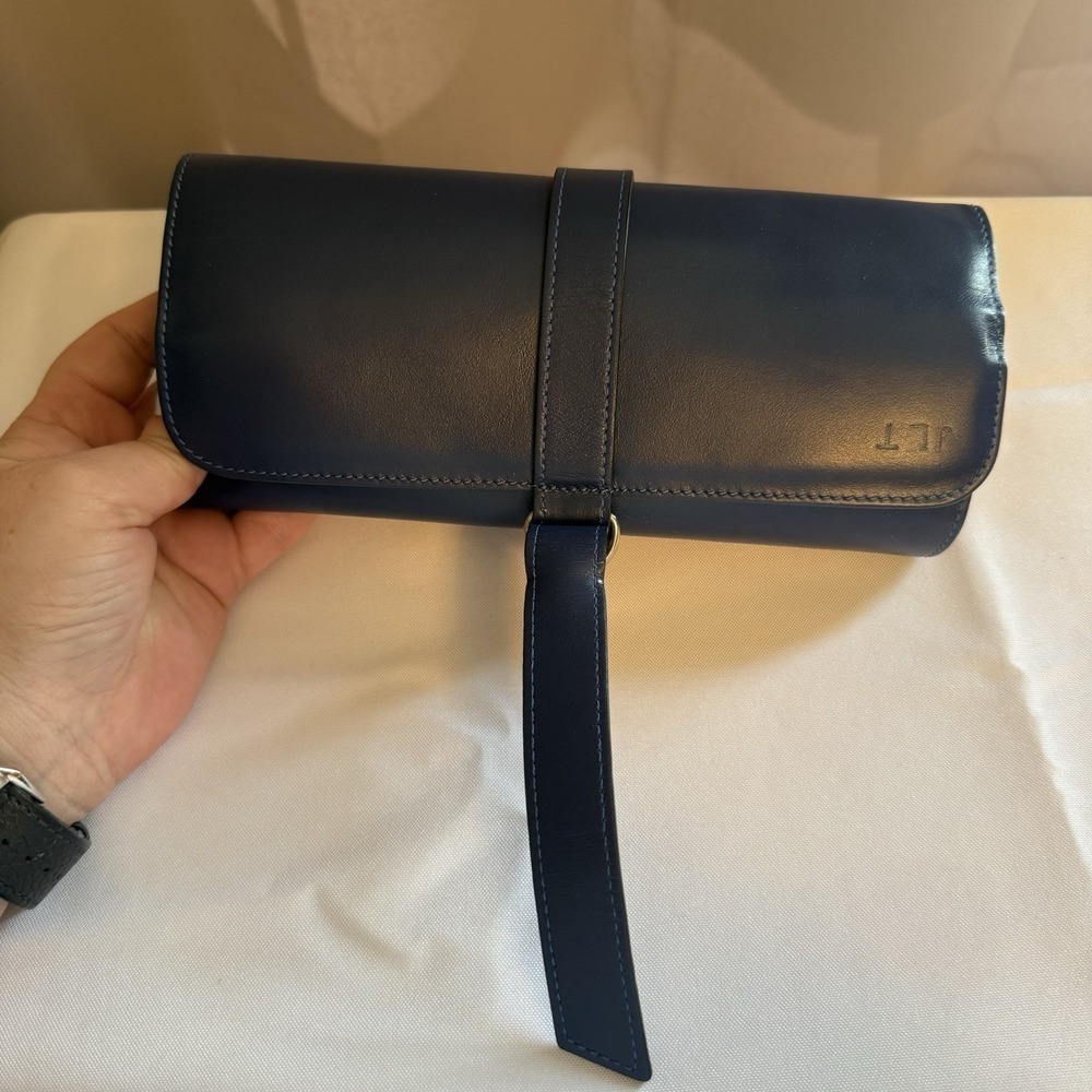 T.Anthony Italy Blue Leather Jewelry Roll Holder Case JLT Monogram $265 Travel